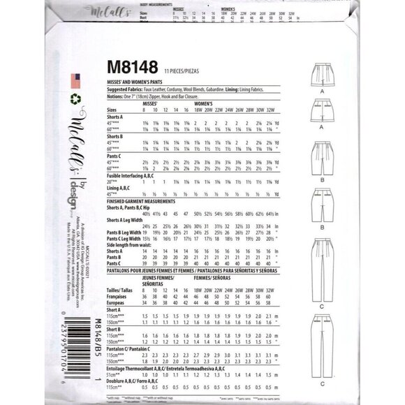 McCalls M8148 Misses 18 to 24 Learn to Sew Shorts and Pants Uncut Sewing Pattern - Picture 2 of 2